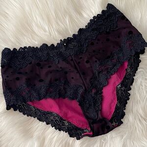 Women’s Lace Trim Polka Dot Bikini Panty - Black with Magenta Lining